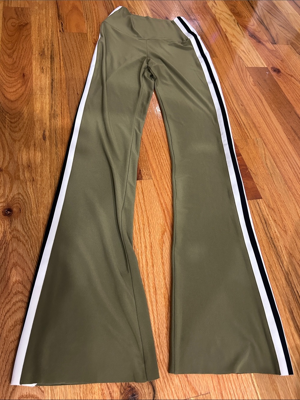 Norma Kamali Kids Olive Green Flared Sweatpants with Black & White Side Stripes